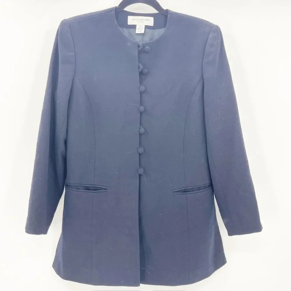 Jones New York Mid Length Blazer Jacket Women's Size 8P Black Collarless